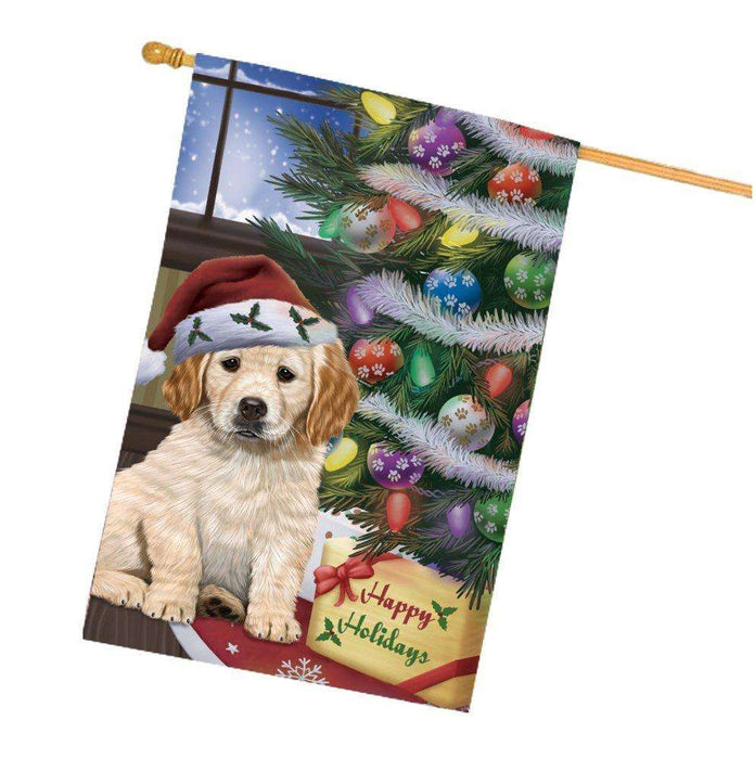 Christmas Happy Holidays Golden Retrievers Dog with Tree and Presents House Flag