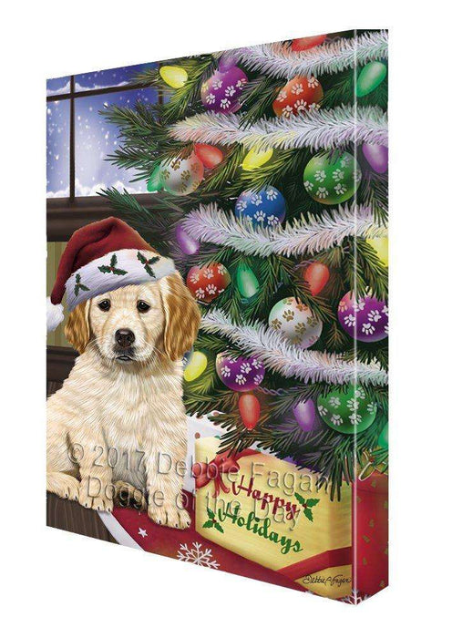 Christmas Happy Holidays Golden Retrievers Dog with Tree and Presents Painting Printed on Canvas Wall Art