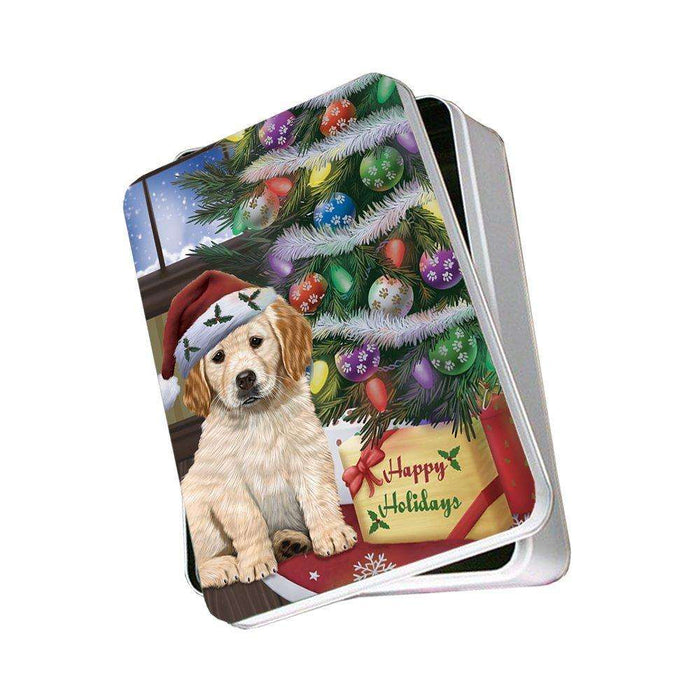 Christmas Happy Holidays Golden Retrievers Dog with Tree and Presents Photo Storage Tin