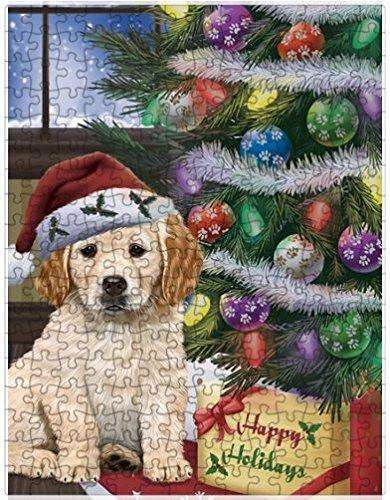 Christmas Happy Holidays Golden Retrievers Dog with Tree and Presents Puzzle with Photo Tin (300 pc.)