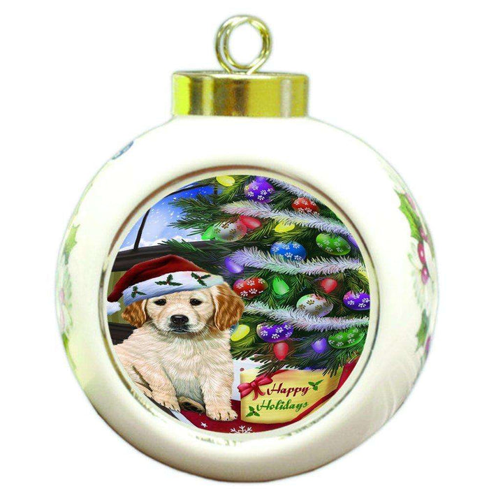 Christmas Happy Holidays Golden Retrievers Dog with Tree and Presents Round Ball Ornament D066