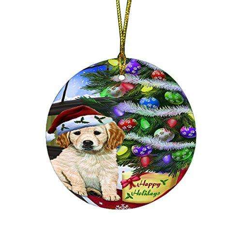 Christmas Happy Holidays Golden Retrievers Dog with Tree and Presents Round Ornament D066
