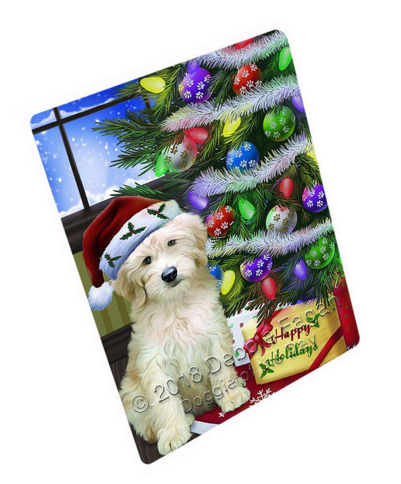 Christmas Happy Holidays Goldendoodle Dog with Tree and Presents Blanket BLNKT98445