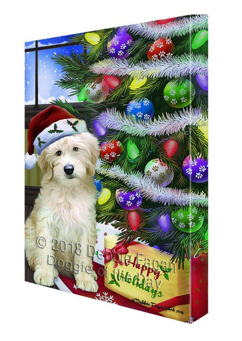Christmas Happy Holidays Goldendoodle Dog with Tree and Presents Canvas Print Wall Art Décor CVS98954