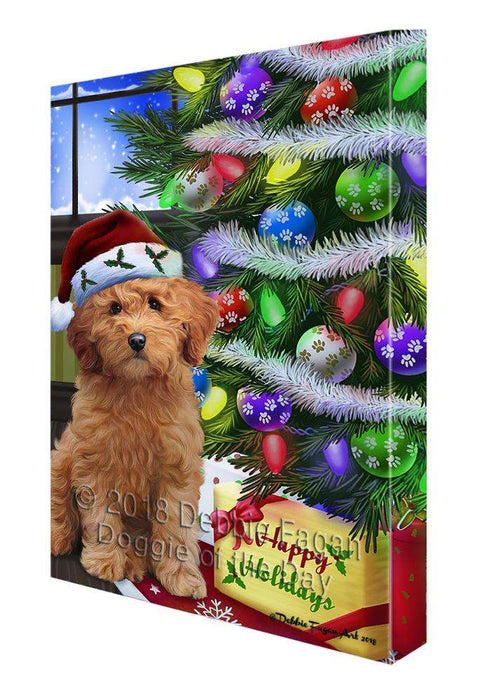 Christmas Happy Holidays Goldendoodle Dog with Tree and Presents Canvas Print Wall Art Décor CVS98963