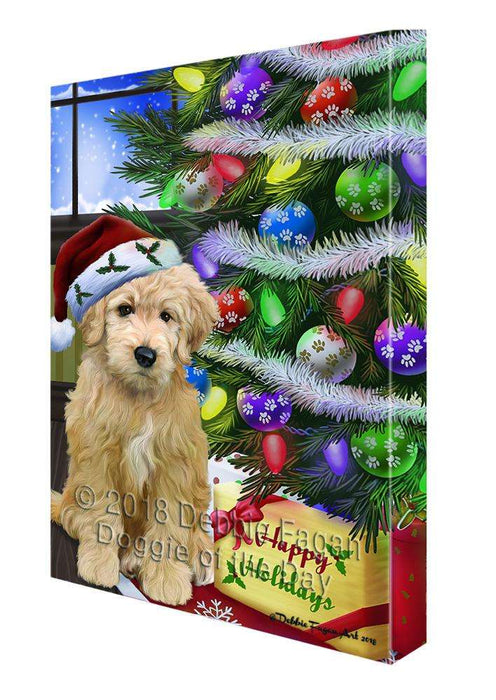 Christmas Happy Holidays Goldendoodle Dog with Tree and Presents Canvas Print Wall Art Décor CVS98972