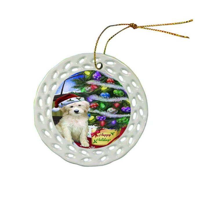 Christmas Happy Holidays Goldendoodle Dog with Tree and Presents Ceramic Doily Ornament DPOR53456