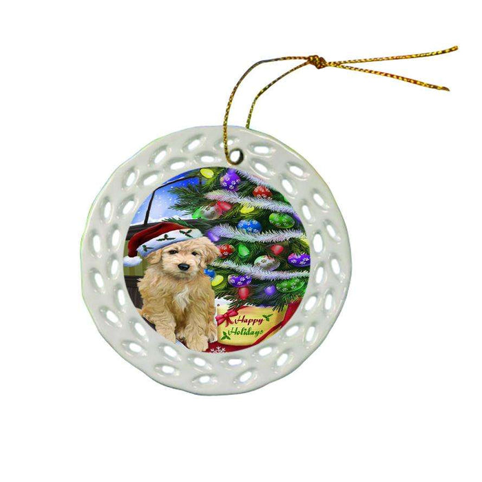 Christmas Happy Holidays Goldendoodle Dog with Tree and Presents Ceramic Doily Ornament DPOR53458