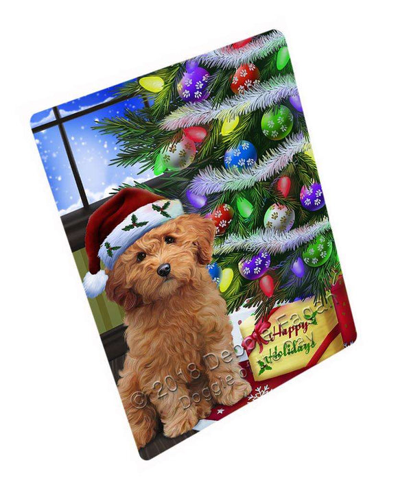 Christmas Happy Holidays Goldendoodle Dog with Tree and Presents Cutting Board C64815