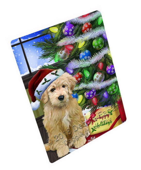 Christmas Happy Holidays Goldendoodle Dog with Tree and Presents Cutting Board C64818