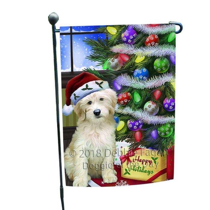 Christmas Happy Holidays Goldendoodle Dog with Tree and Presents Garden Flag GFLG53518