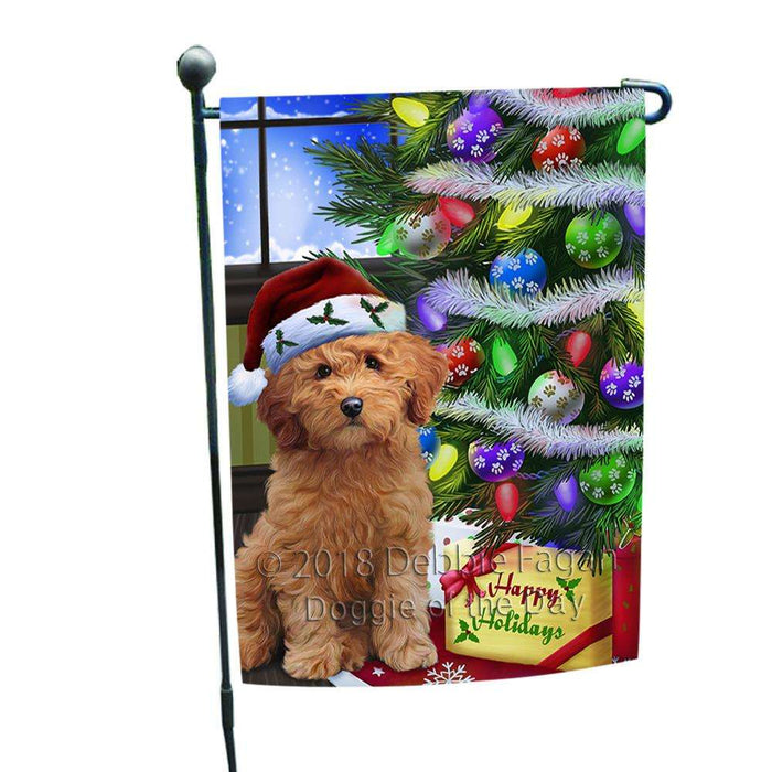 Christmas Happy Holidays Goldendoodle Dog with Tree and Presents Garden Flag GFLG53519