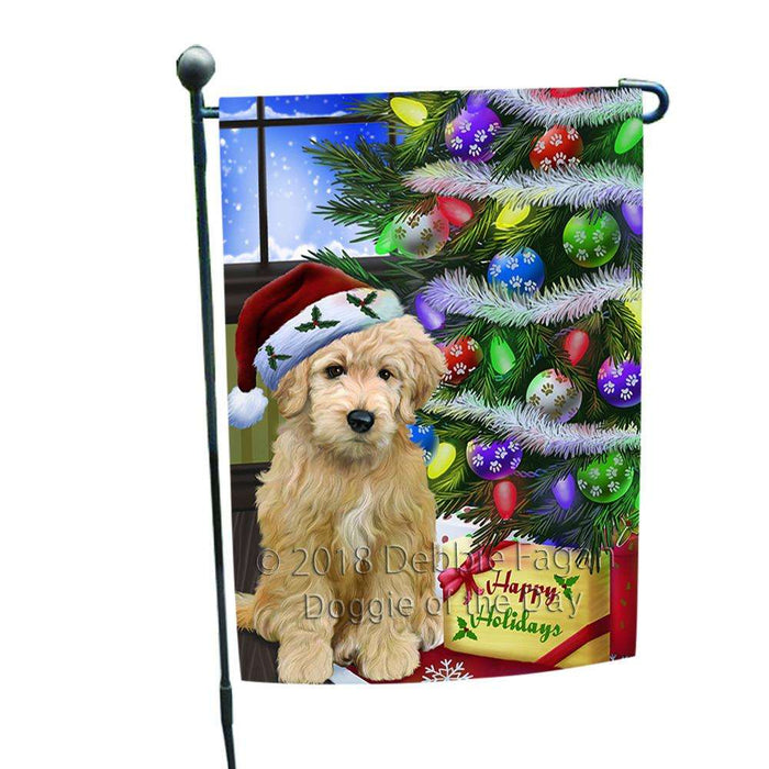 Christmas Happy Holidays Goldendoodle Dog with Tree and Presents Garden Flag GFLG53520