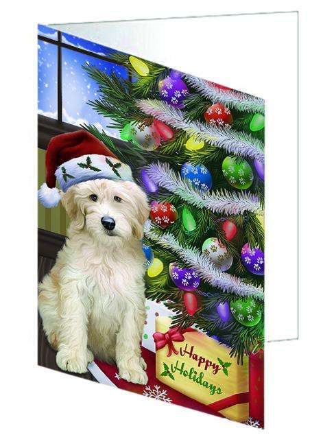 Christmas Happy Holidays Goldendoodle Dog with Tree and Presents Handmade Artwork Assorted Pets Greeting Cards and Note Cards with Envelopes for All Occasions and Holiday Seasons GCD64397