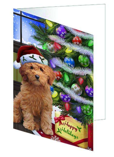 Christmas Happy Holidays Goldendoodle Dog with Tree and Presents Handmade Artwork Assorted Pets Greeting Cards and Note Cards with Envelopes for All Occasions and Holiday Seasons GCD64400