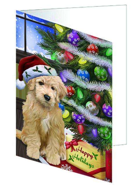 Christmas Happy Holidays Goldendoodle Dog with Tree and Presents Handmade Artwork Assorted Pets Greeting Cards and Note Cards with Envelopes for All Occasions and Holiday Seasons GCD64403