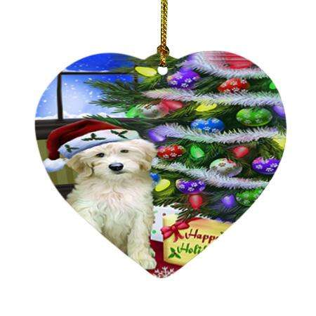 Christmas Happy Holidays Goldendoodle Dog with Tree and Presents Heart Christmas Ornament HPOR53456