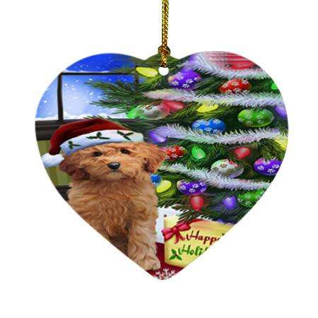 Christmas Happy Holidays Goldendoodle Dog with Tree and Presents Heart Christmas Ornament HPOR53457