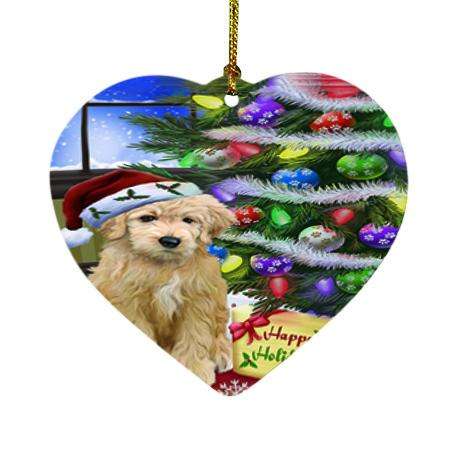 Christmas Happy Holidays Goldendoodle Dog with Tree and Presents Heart Christmas Ornament HPOR53458