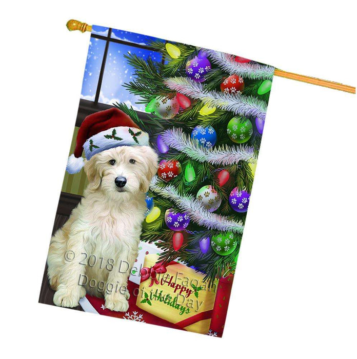 Christmas Happy Holidays Goldendoodle Dog with Tree and Presents House Flag FLG53654