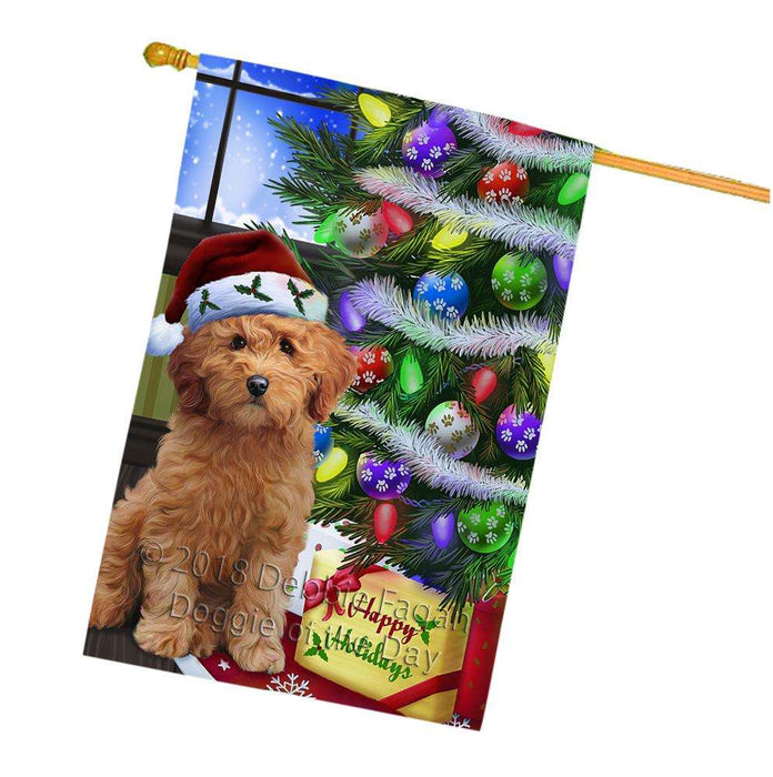 Christmas Happy Holidays Goldendoodle Dog with Tree and Presents House Flag FLG53655