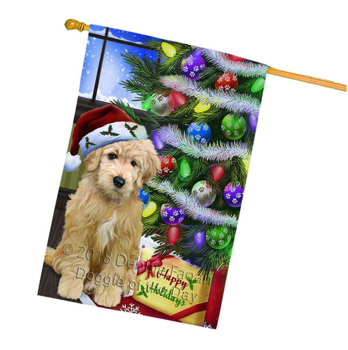 Christmas Happy Holidays Goldendoodle Dog with Tree and Presents House Flag FLG53656