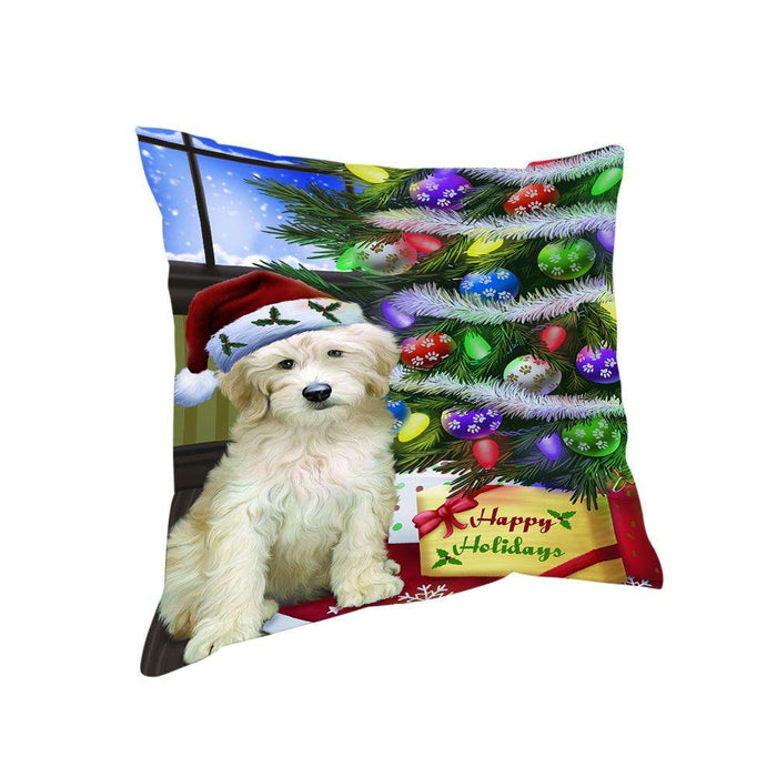 Christmas Happy Holidays Goldendoodle Dog with Tree and Presents Pillow PIL70448