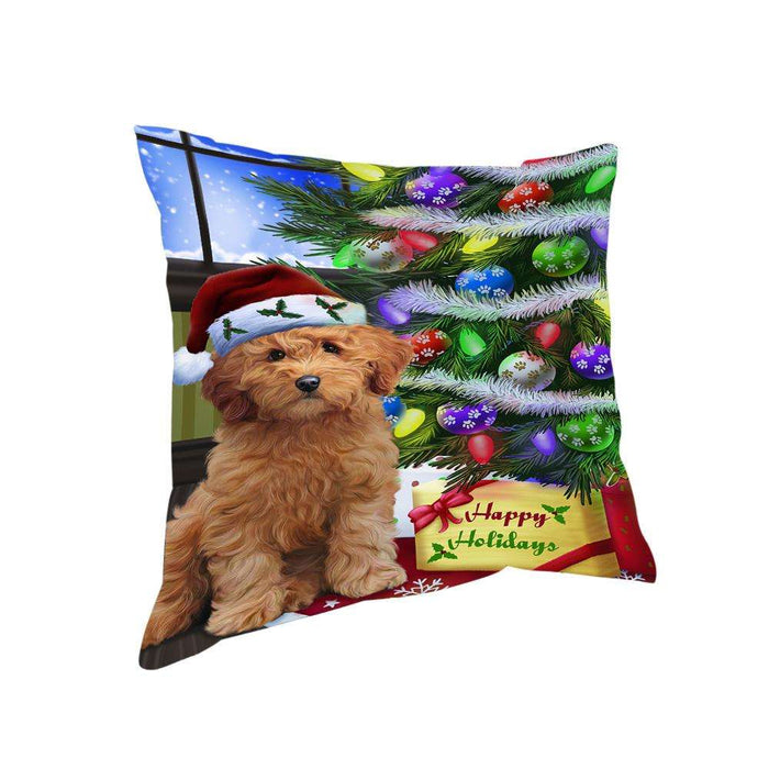 Christmas Happy Holidays Goldendoodle Dog with Tree and Presents Pillow PIL70452