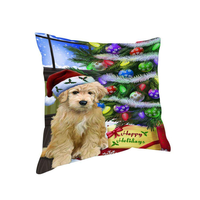 Christmas Happy Holidays Goldendoodle Dog with Tree and Presents Pillow PIL70456