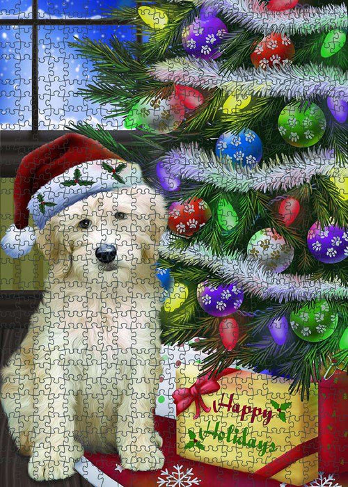 Christmas Happy Holidays Goldendoodle Dog with Tree and Presents Puzzle with Photo Tin PUZL80980