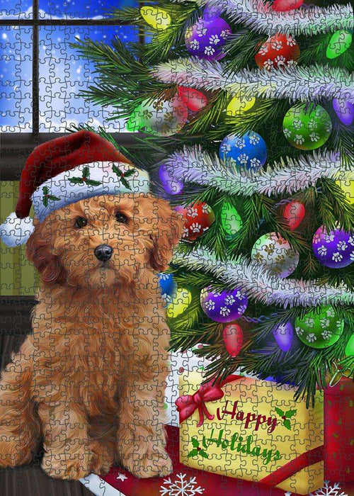 Christmas Happy Holidays Goldendoodle Dog with Tree and Presents Puzzle with Photo Tin PUZL80984