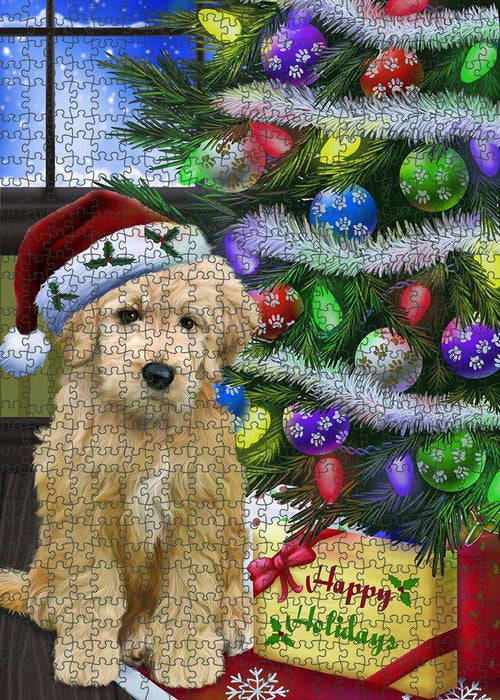 Christmas Happy Holidays Goldendoodle Dog with Tree and Presents Puzzle with Photo Tin PUZL80988