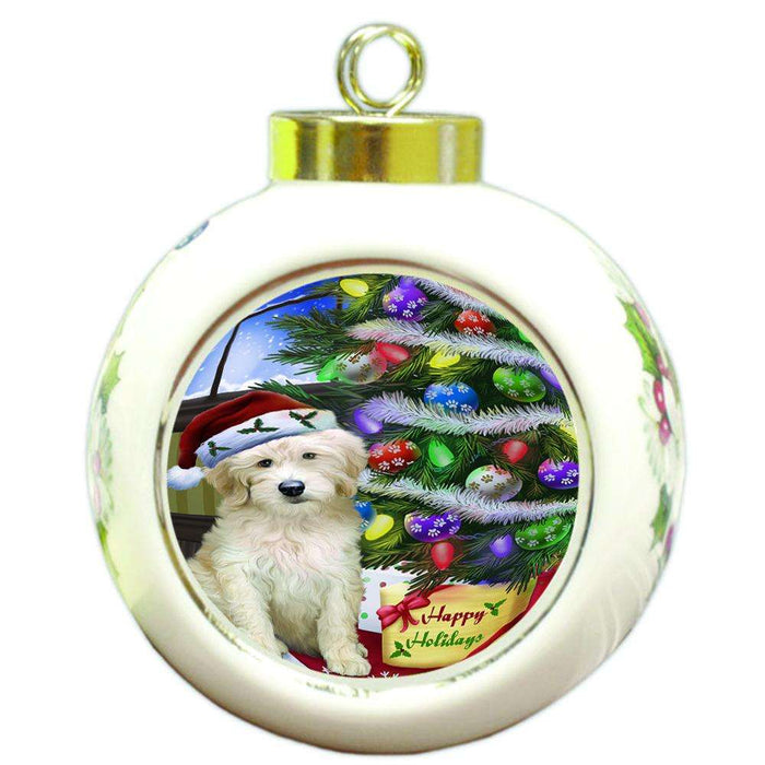 Christmas Happy Holidays Goldendoodle Dog with Tree and Presents Round Ball Christmas Ornament RBPOR53456