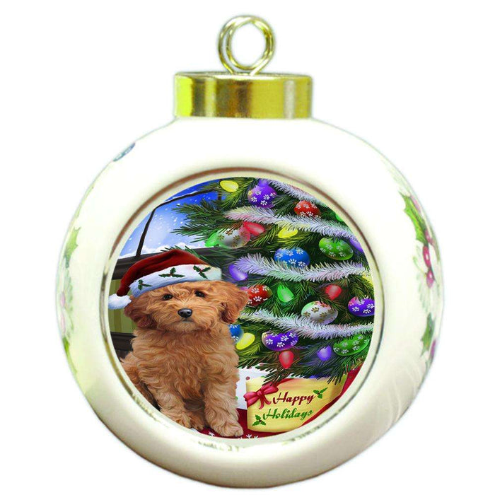 Christmas Happy Holidays Goldendoodle Dog with Tree and Presents Round Ball Christmas Ornament RBPOR53457