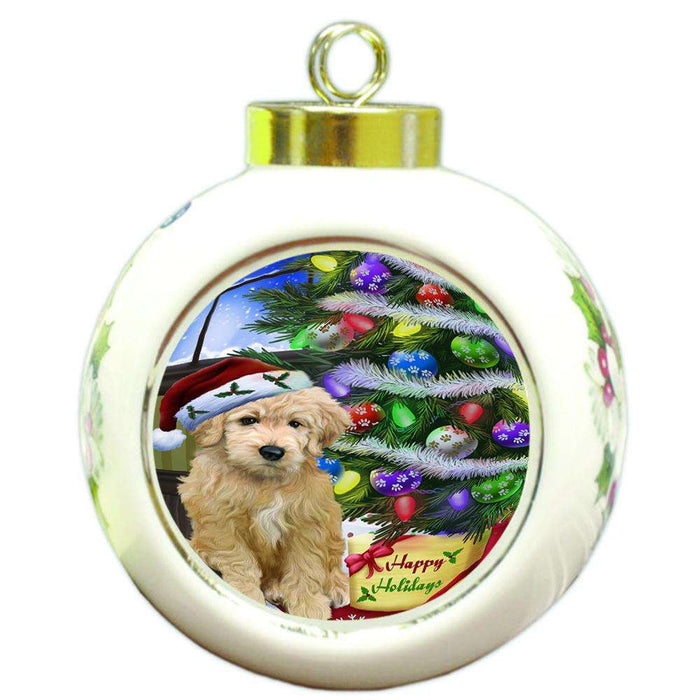 Christmas Happy Holidays Goldendoodle Dog with Tree and Presents Round Ball Christmas Ornament RBPOR53458