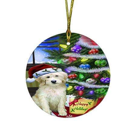 Christmas Happy Holidays Goldendoodle Dog with Tree and Presents Round Flat Christmas Ornament RFPOR53447