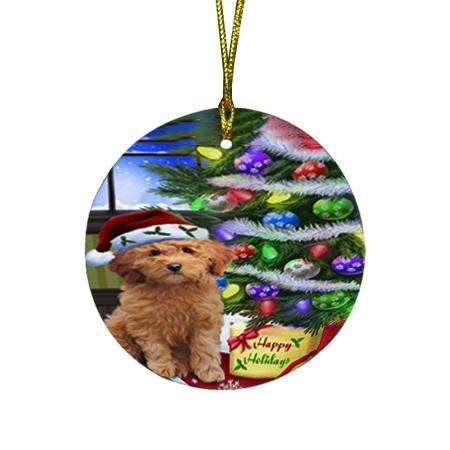 Christmas Happy Holidays Goldendoodle Dog with Tree and Presents Round Flat Christmas Ornament RFPOR53448