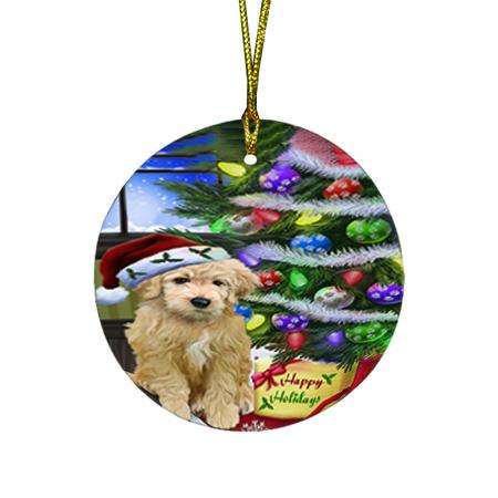 Christmas Happy Holidays Goldendoodle Dog with Tree and Presents Round Flat Christmas Ornament RFPOR53449