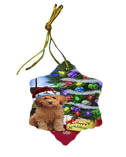 Christmas Happy Holidays Goldendoodle Dog with Tree and Presents Star Porcelain Ornament SPOR53448