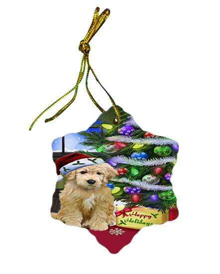 Christmas Happy Holidays Goldendoodle Dog with Tree and Presents Star Porcelain Ornament SPOR53449