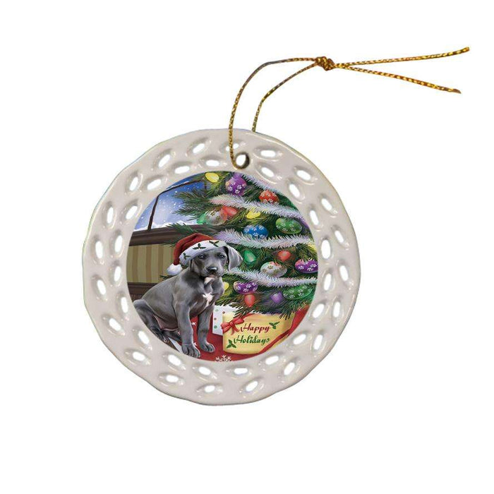 Christmas Happy Holidays Great Dane Dog with Tree and Presents Ceramic Doily Ornament DPOR53833