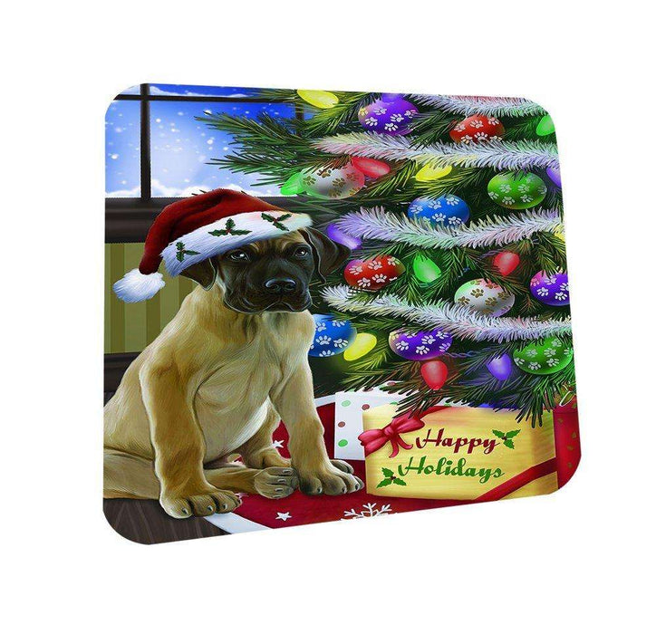 Christmas Happy Holidays Great Dane Dog with Tree and Presents Coasters Set of 4
