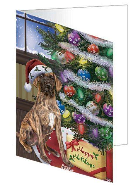 Christmas Happy Holidays Great Dane Dog with Tree and Presents Handmade Artwork Assorted Pets Greeting Cards and Note Cards with Envelopes for All Occasions and Holiday Seasons GCD65522