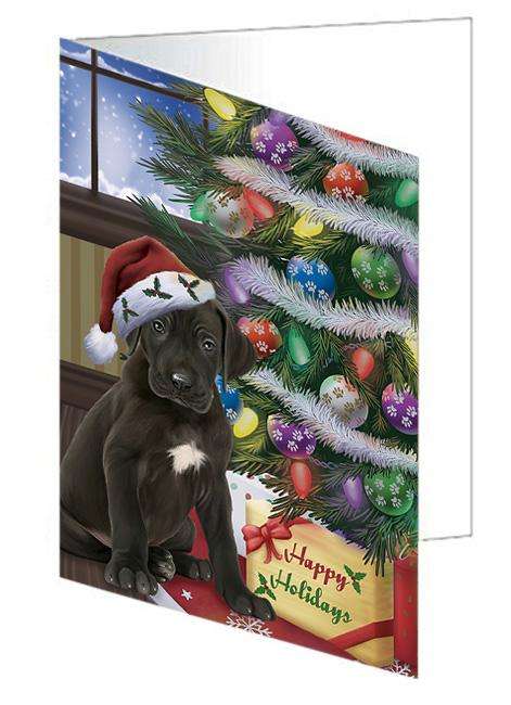Christmas Happy Holidays Great Dane Dog with Tree and Presents Handmade Artwork Assorted Pets Greeting Cards and Note Cards with Envelopes for All Occasions and Holiday Seasons GCD65525