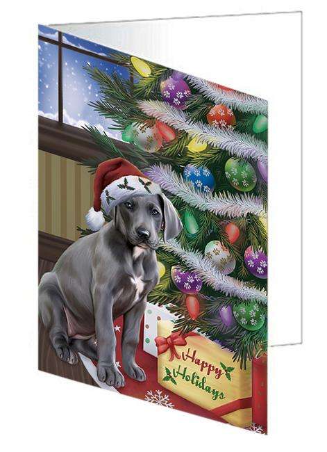 Christmas Happy Holidays Great Dane Dog with Tree and Presents Handmade Artwork Assorted Pets Greeting Cards and Note Cards with Envelopes for All Occasions and Holiday Seasons GCD65528