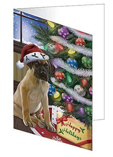 Christmas Happy Holidays Great Dane Dog with Tree and Presents Handmade Artwork Assorted Pets Greeting Cards and Note Cards with Envelopes for All Occasions and Holiday Seasons