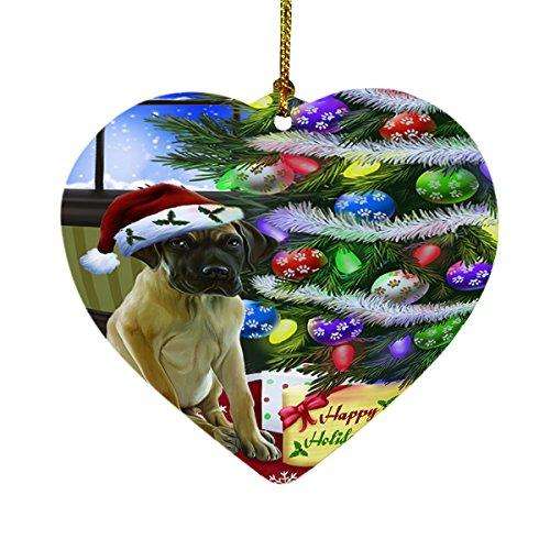 Christmas Happy Holidays Great Dane Dog with Tree and Presents Heart Ornament D067