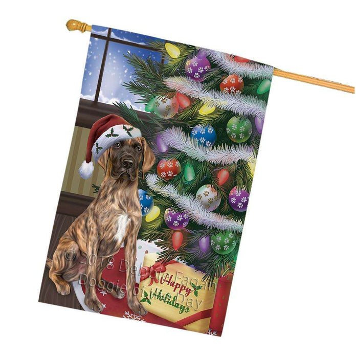 Christmas Happy Holidays Great Dane Dog with Tree and Presents House Flag FLG54029