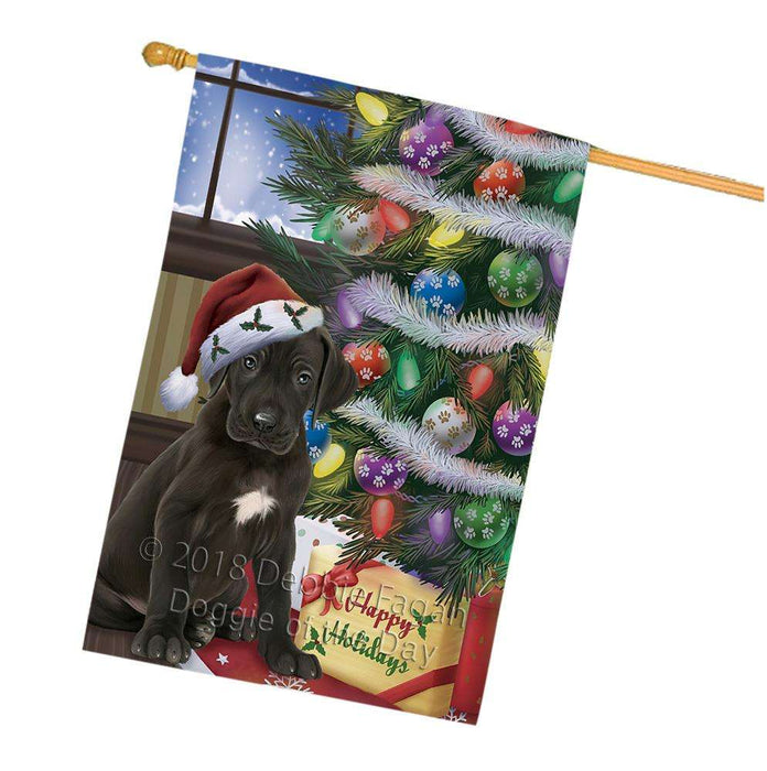Christmas Happy Holidays Great Dane Dog with Tree and Presents House Flag FLG54030