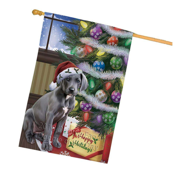 Christmas Happy Holidays Great Dane Dog with Tree and Presents House Flag FLG54031